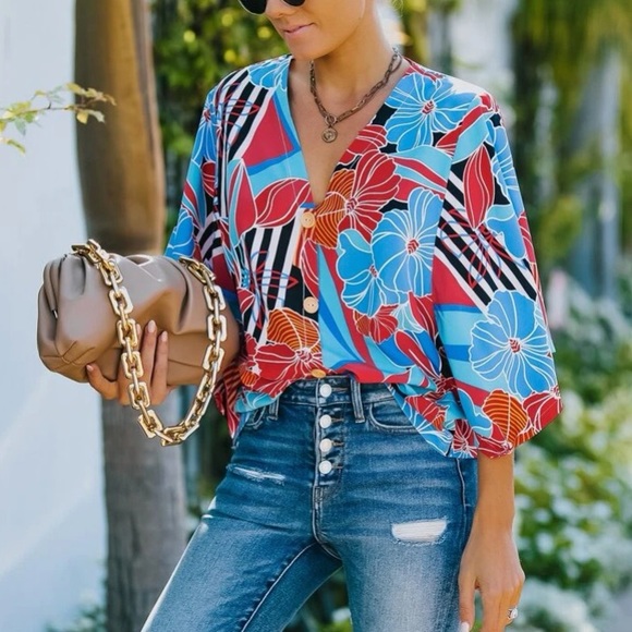 Boho floral print batwing sleeve blouse blouse - Picture 4 of 7